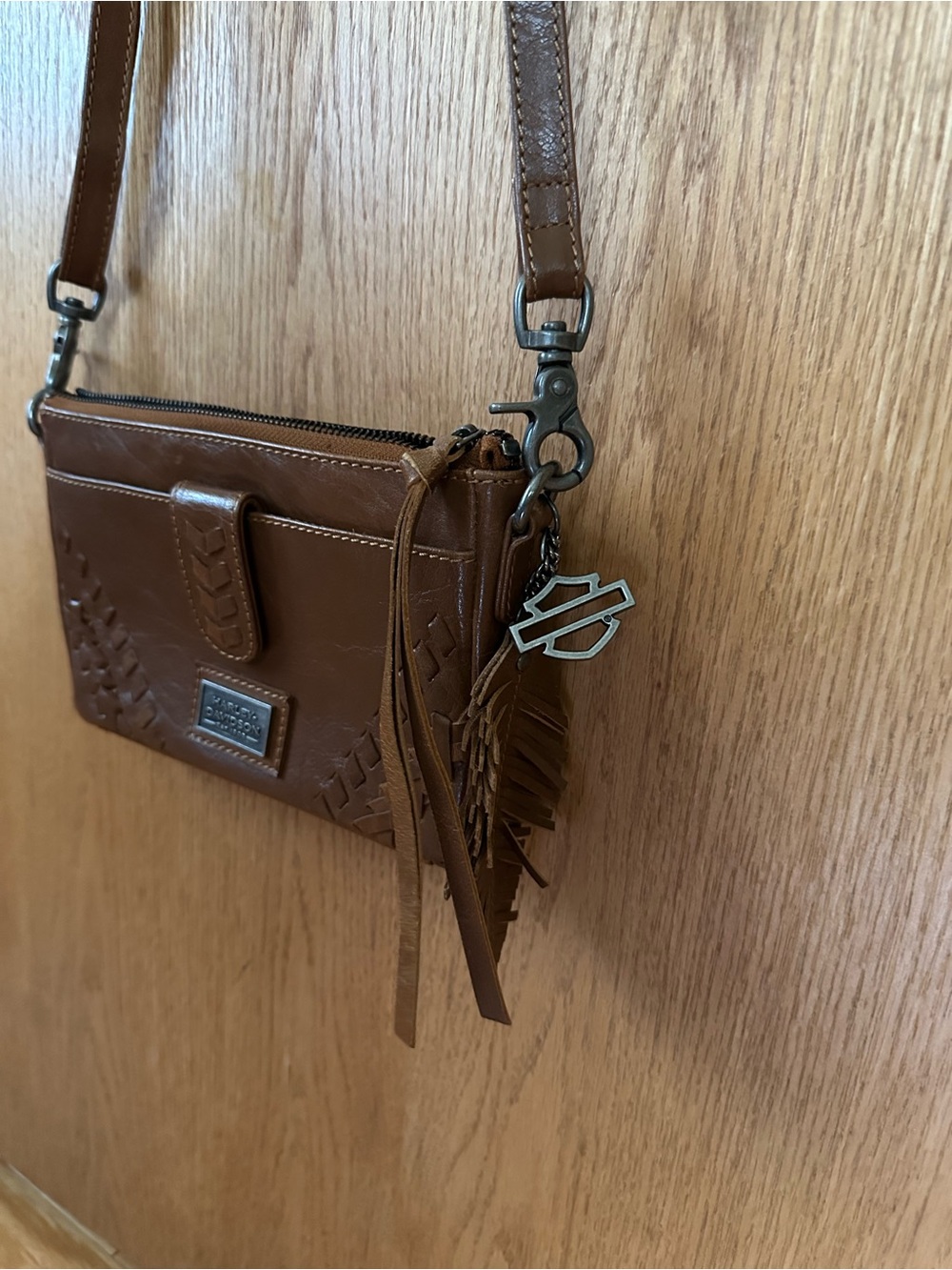 Harley-Davidson Tan Leather Woven Accent Crossbody Bag - Picture 3 of 4